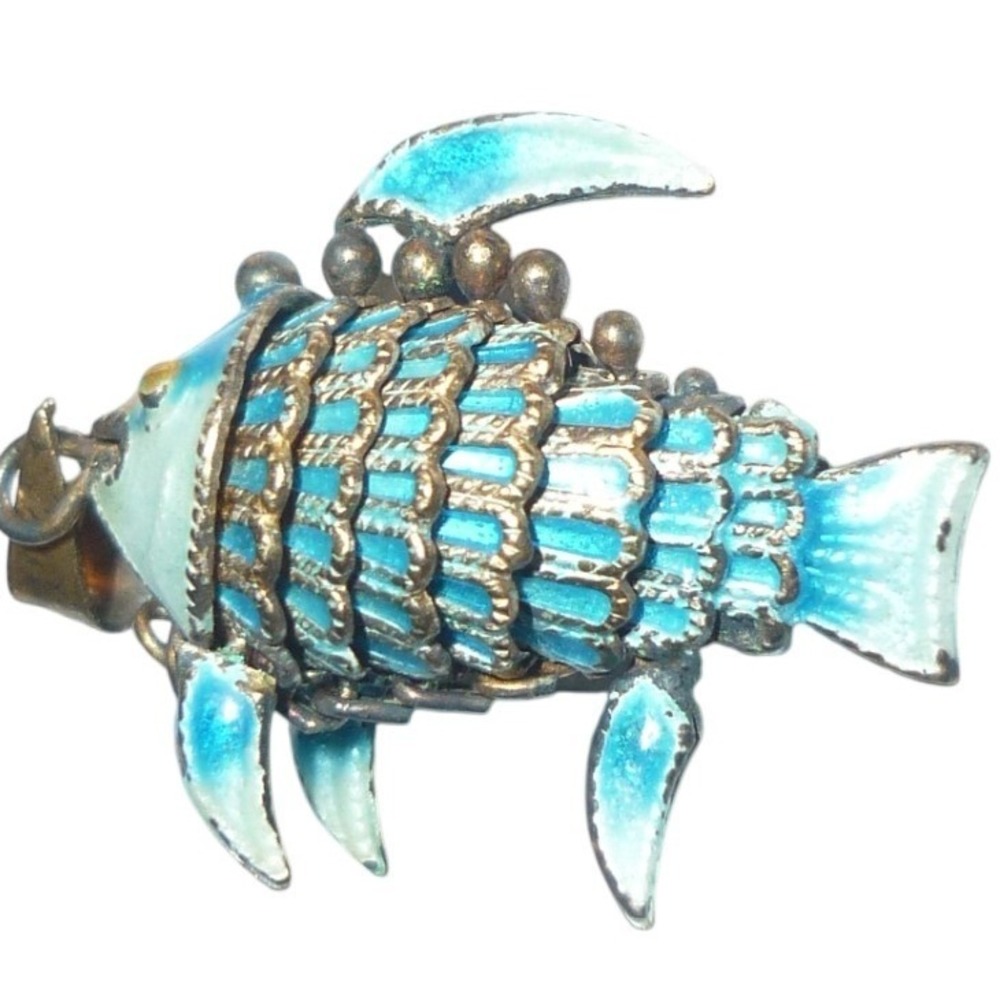 Vintage Articulated Fish Pendant Turquoise Blue Enamel Moving Nautical Charm